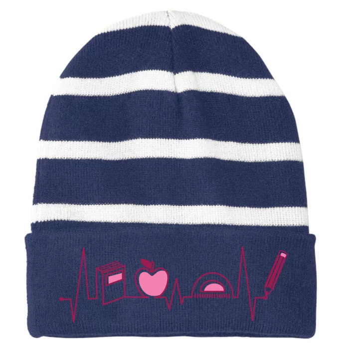 Teacher Heartbeat Striped Beanie with Solid Band