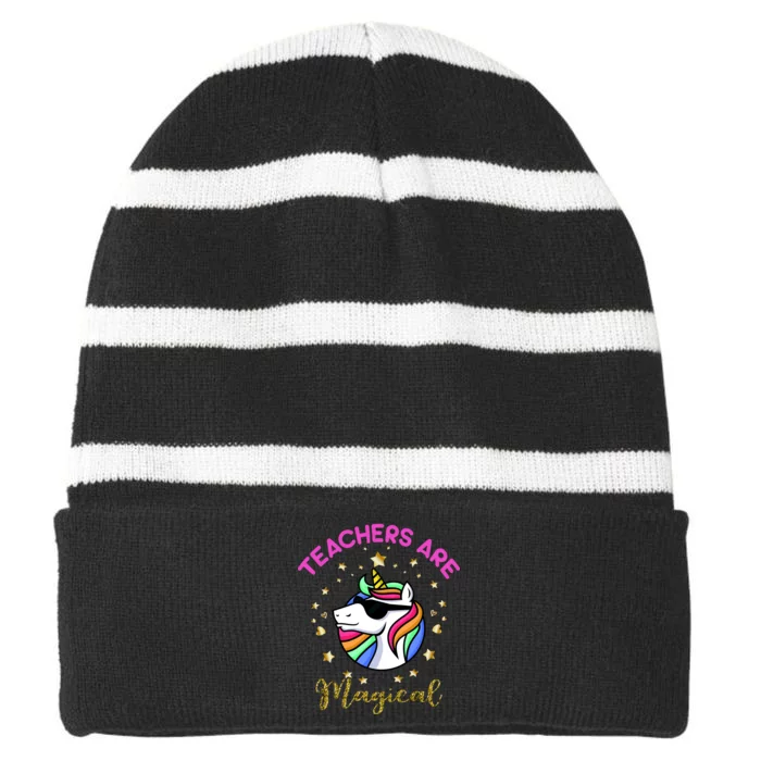 Teachers are Magical Funny Unicorn Striped Beanie with Solid Band