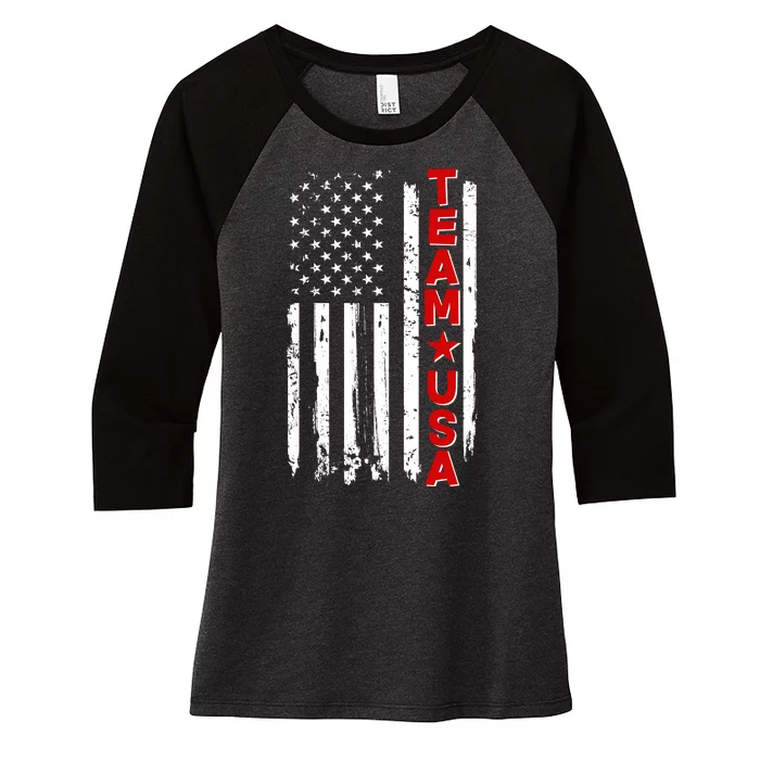 Team USA Distressed American Flag Women's Tri-Blend 3/4-Sleeve Raglan Shirt