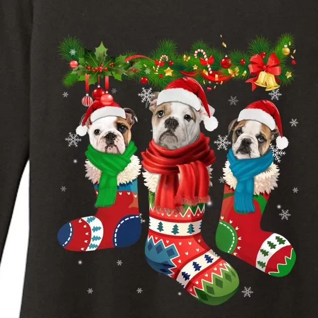 Three English Bulldogs In Christmas Socks Womens CVC Long Sleeve Shirt