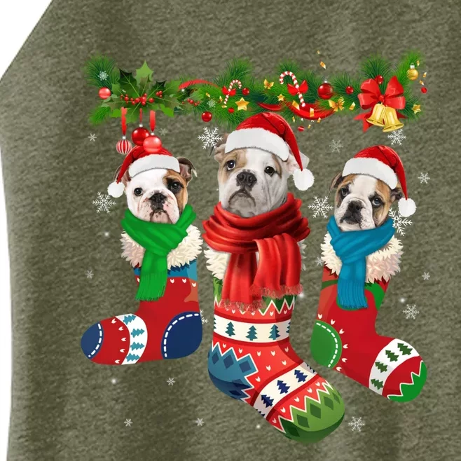 Three English Bulldogs In Christmas Socks Women’s Perfect Tri Rocker Tank