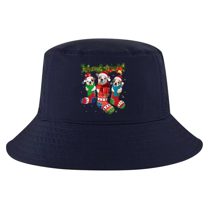 Three English Bulldogs In Christmas Socks Cool Comfort Performance Bucket Hat