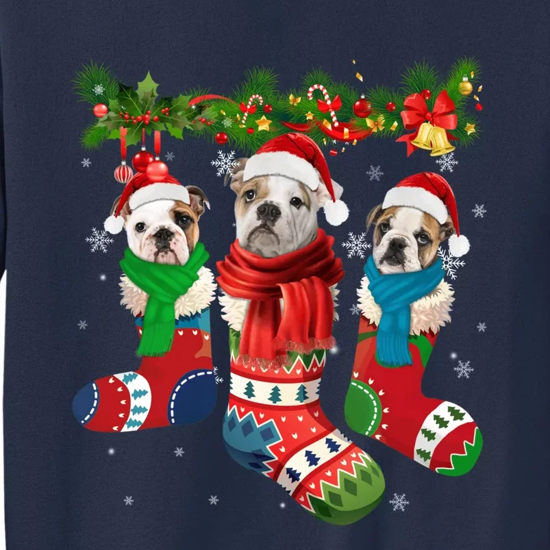 Three English Bulldogs In Christmas Socks Sweatshirt