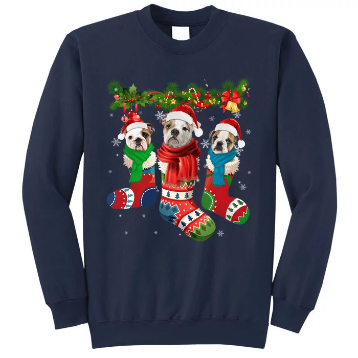 Three English Bulldogs In Christmas Socks Sweatshirt