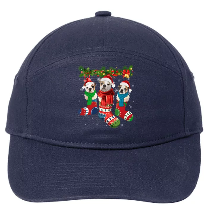 Three English Bulldogs In Christmas Socks 7-Panel Snapback Hat