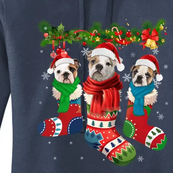 Three English Bulldogs In Christmas Socks Women's Pullover Hoodie