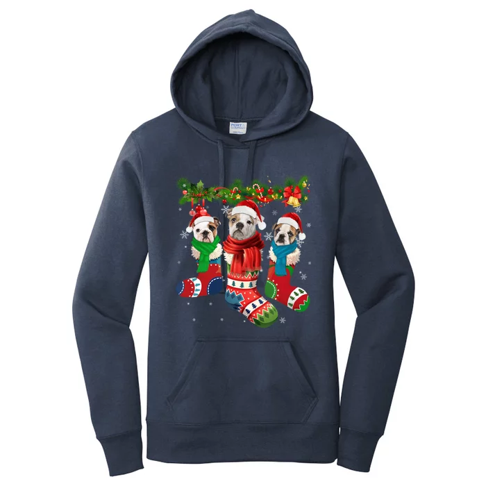 Three English Bulldogs In Christmas Socks Women's Pullover Hoodie