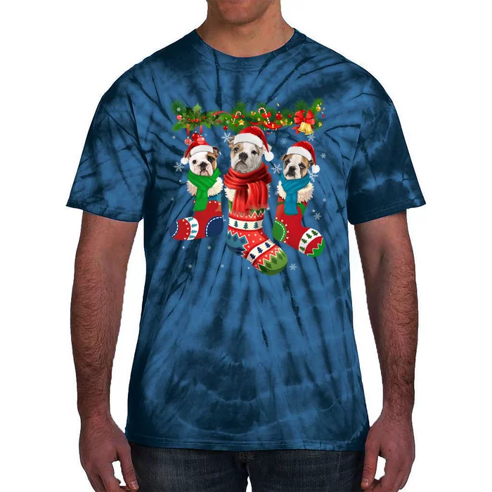 Three English Bulldogs In Christmas Socks Tie-Dye T-Shirt