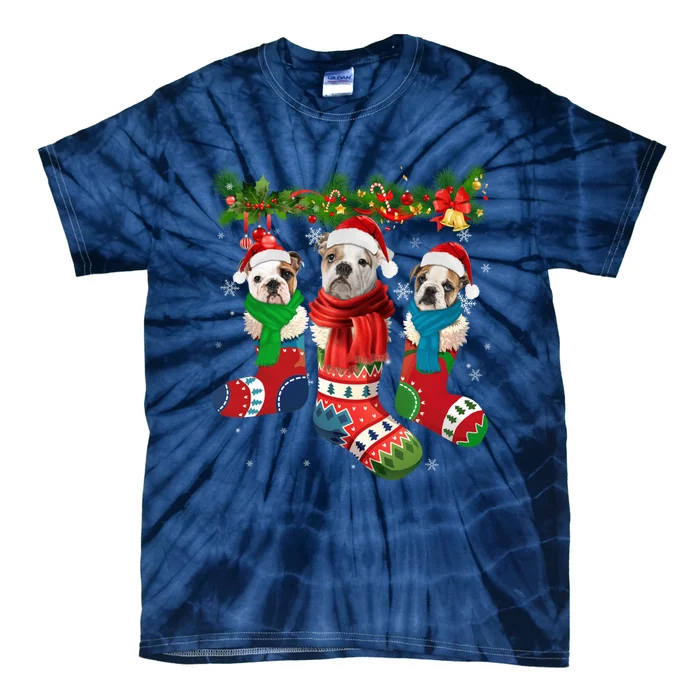 Three English Bulldogs In Christmas Socks Tie-Dye T-Shirt