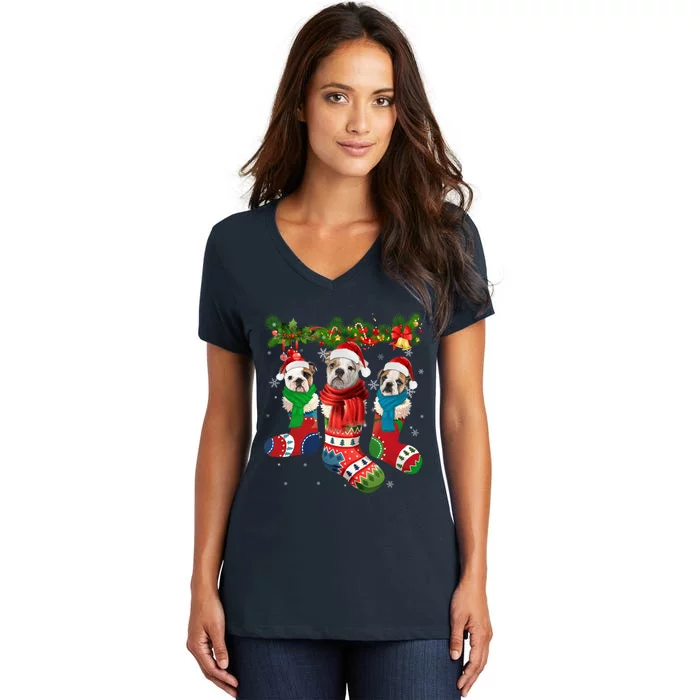 Three English Bulldogs In Christmas Socks Women's V-Neck T-Shirt