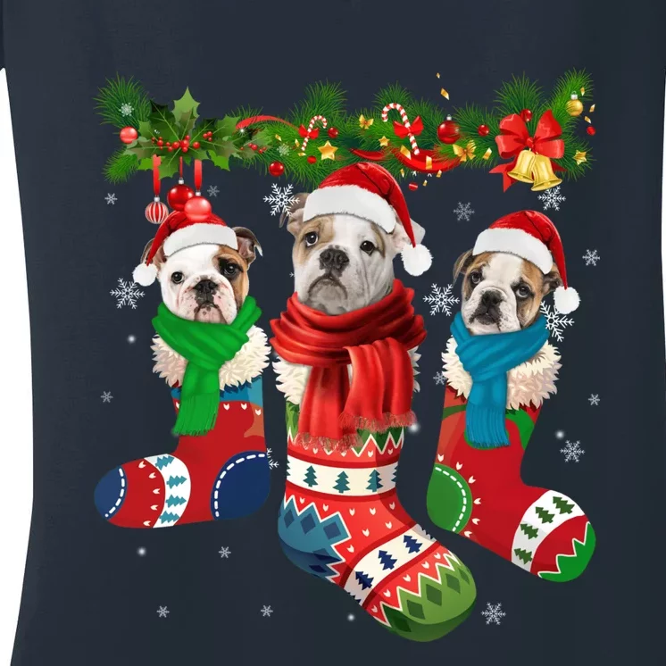 Three English Bulldogs In Christmas Socks Women's V-Neck T-Shirt