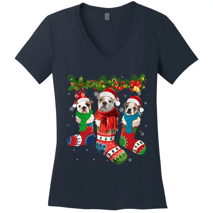 Three English Bulldogs In Christmas Socks Women's V-Neck T-Shirt