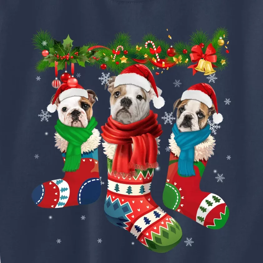 Three English Bulldogs In Christmas Socks Kids Sweatshirt