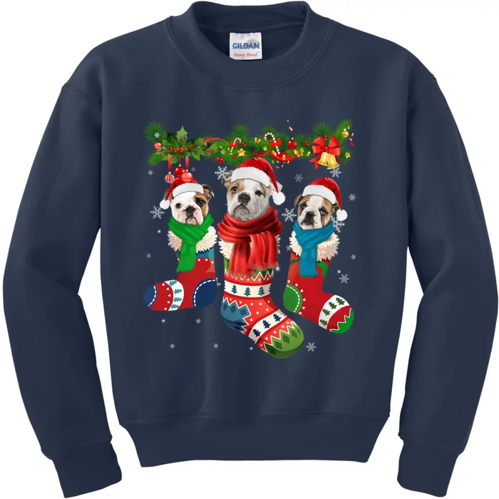 Three English Bulldogs In Christmas Socks Kids Sweatshirt