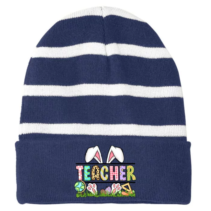 Teacher Easter Bunny Funny Ears Easter Day Gift Striped Beanie with Solid Band