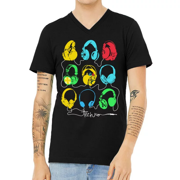 Techno Music Headphones V-Neck T-Shirt