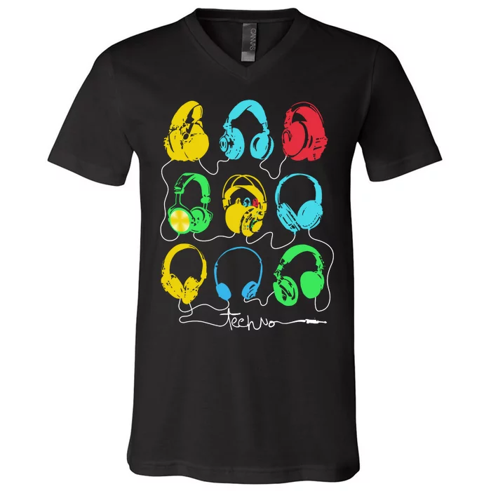 Techno Music Headphones V-Neck T-Shirt