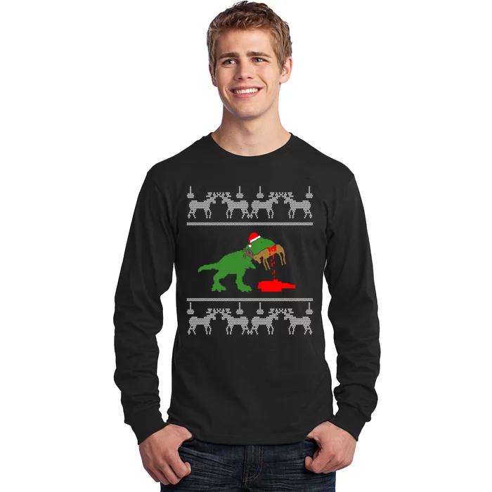 Trex Eating Deer Hunter Ugly Christmas Long Sleeve Shirt