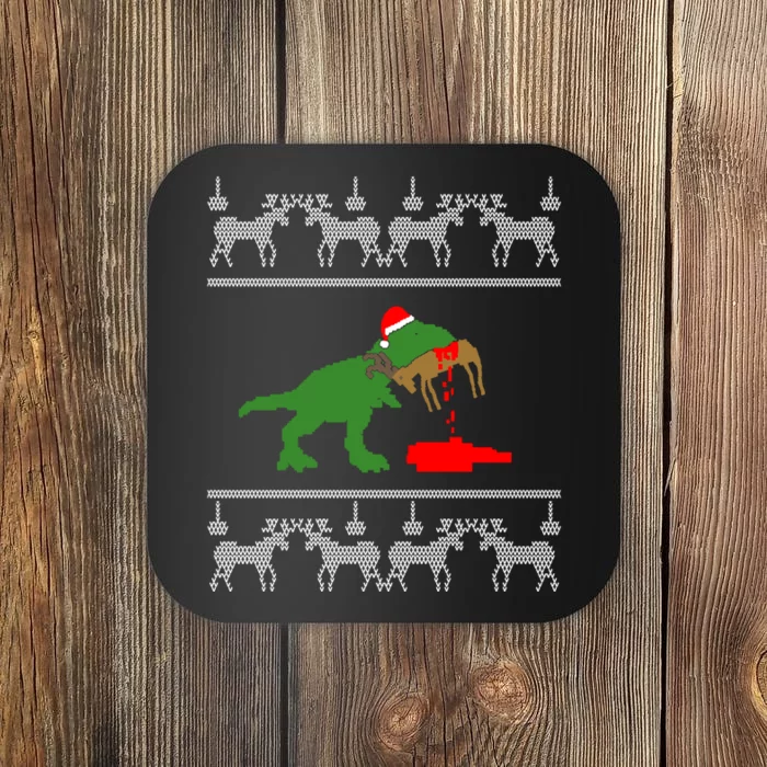 Trex Eating Deer Hunter Ugly Christmas Coaster