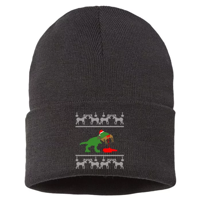 Trex Eating Deer Hunter Ugly Christmas Sustainable Knit Beanie