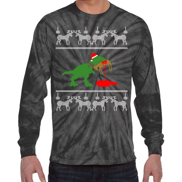 Trex Eating Deer Hunter Ugly Christmas Tie-Dye Long Sleeve Shirt