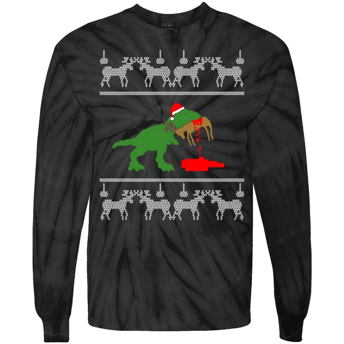 Trex Eating Deer Hunter Ugly Christmas Tie-Dye Long Sleeve Shirt