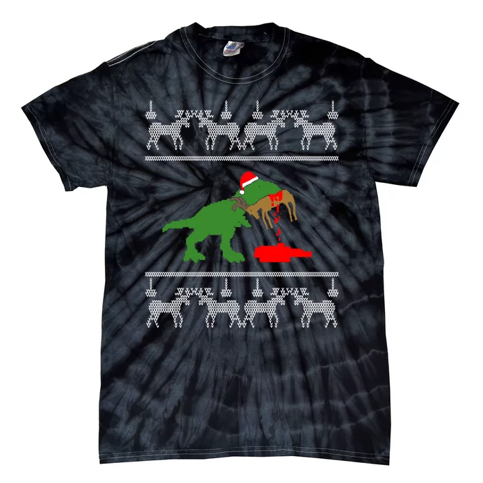 Trex Eating Deer Hunter Ugly Christmas Tie-Dye T-Shirt