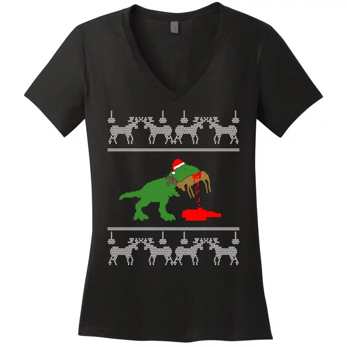 Trex Eating Deer Hunter Ugly Christmas Women's V-Neck T-Shirt