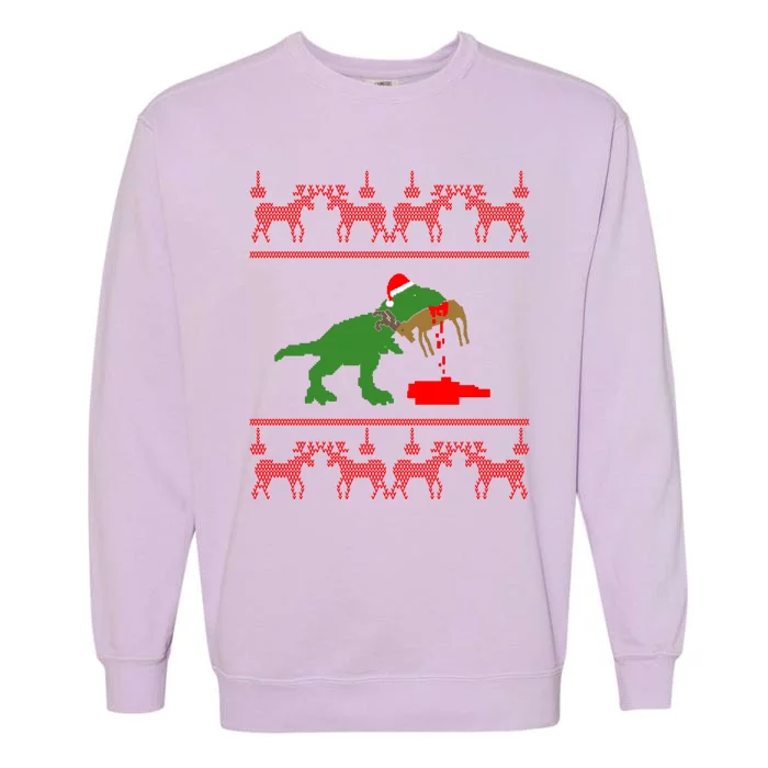 Trex Eating Deer Hunter Ugly Christmas Garment-Dyed Sweatshirt