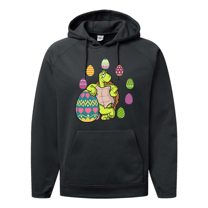 Turtle Egg Hunting Easter Day Cute Turtle With Easter Eggs Performance Fleece Hoodie