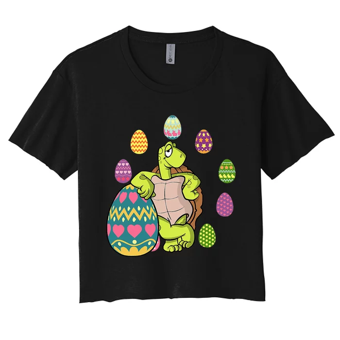 Turtle Egg Hunting Easter Day Cute Turtle With Easter Eggs Women's Crop Top Tee