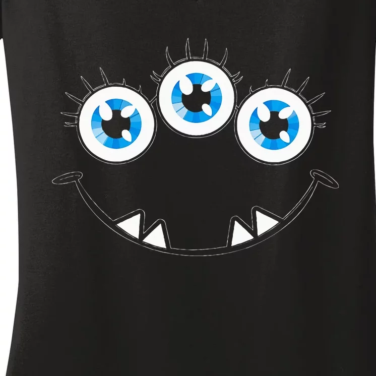 Three Eyed Monster Face Cute Halloween Women's V-Neck T-Shirt