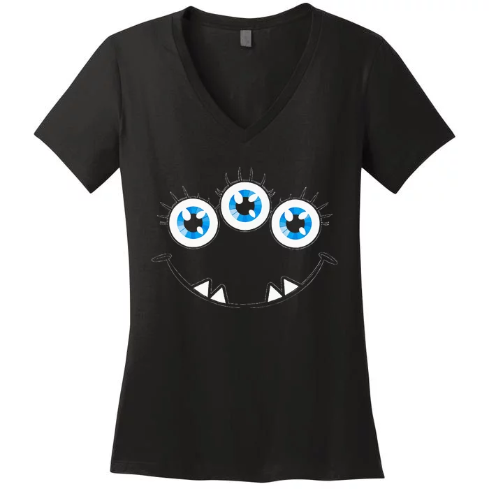 Three Eyed Monster Face Cute Halloween Women's V-Neck T-Shirt