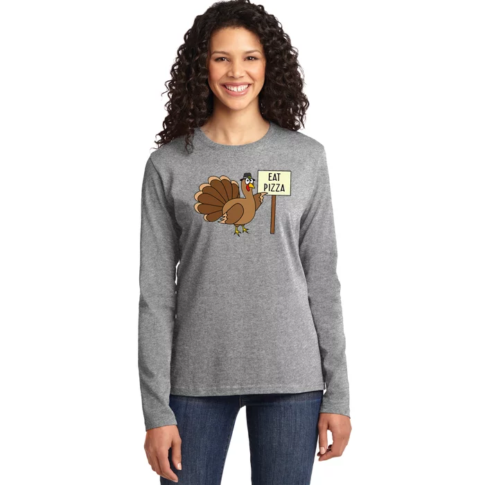 Turkey Eat Pizza Adult Vegan Thanksgiving Ladies Long Sleeve Shirt