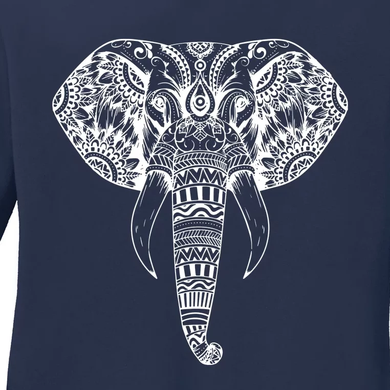 Trendy Elephant Tribal Indian Elephant Mandala Tribal Art Ladies Long Sleeve Shirt