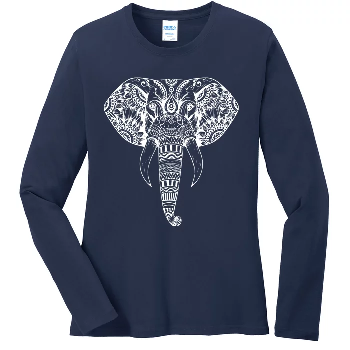 Trendy Elephant Tribal Indian Elephant Mandala Tribal Art Ladies Long Sleeve Shirt