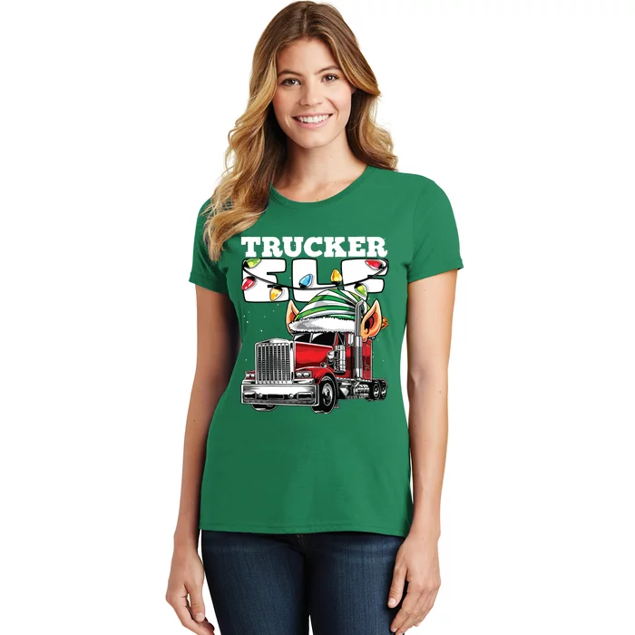 Trucker Elf Truck Driver Big Rig Funny Christmas Gift Women's T-Shirt