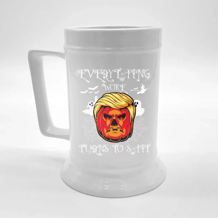 Trump Everything Woke Turns To Shit  Halloween Trumpkin Meaningful Gift Front & Back Beer Stein