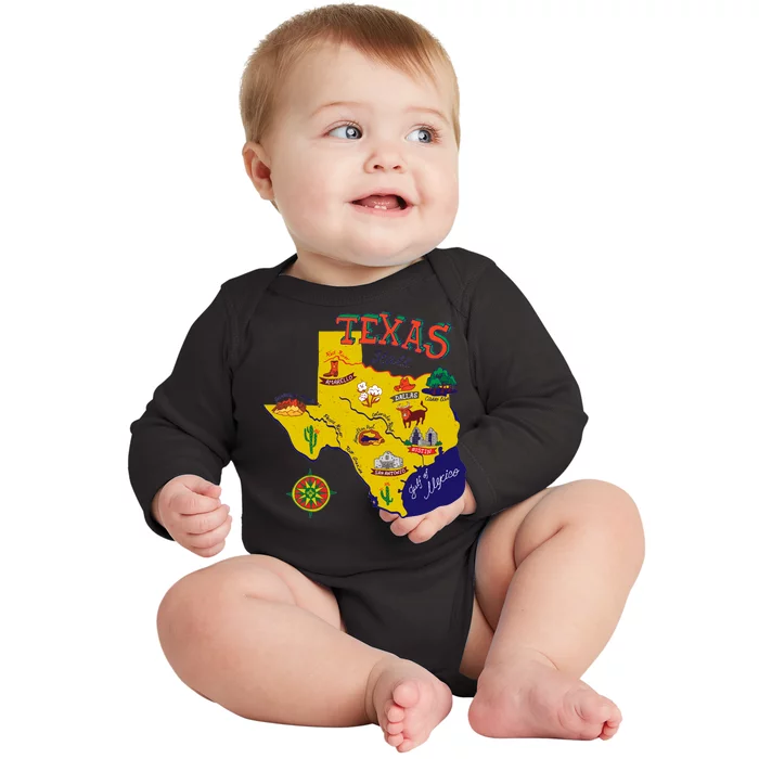 Texas Cartoon Map Baby Long Sleeve Bodysuit