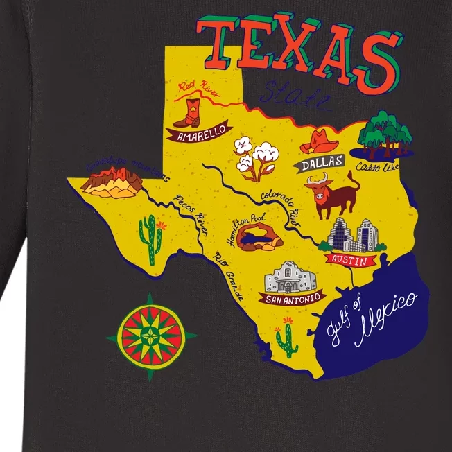 Texas Cartoon Map Baby Long Sleeve Bodysuit