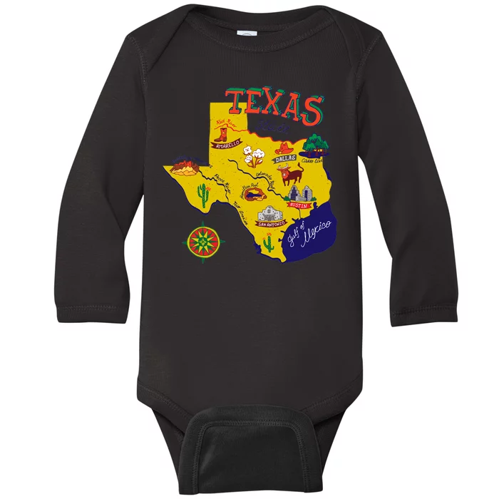 Texas Cartoon Map Baby Long Sleeve Bodysuit