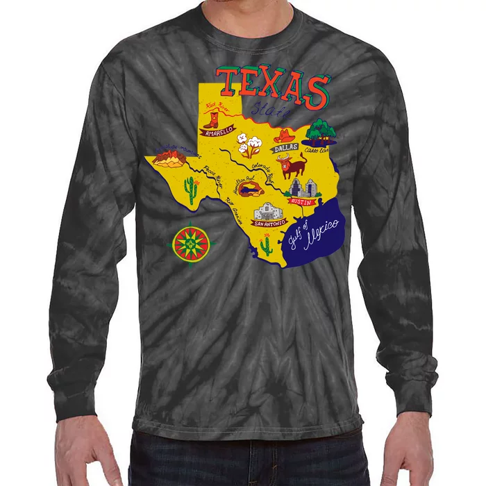 Texas Cartoon Map Tie-Dye Long Sleeve Shirt