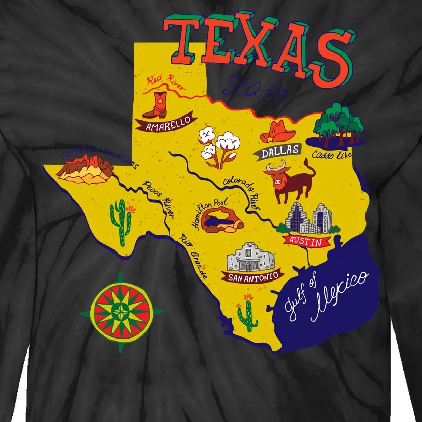 Texas Cartoon Map Tie-Dye Long Sleeve Shirt