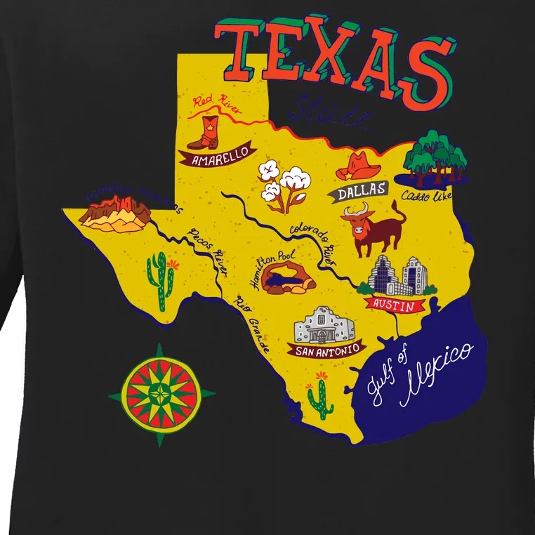 Texas Cartoon Map Ladies Long Sleeve Shirt