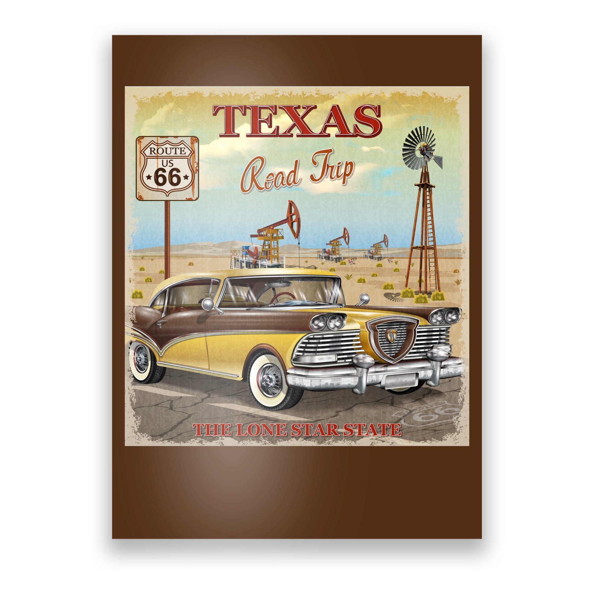 Texas Route 66 Vintage Motorcycle  United States Vintage Travel Art Poster Print 