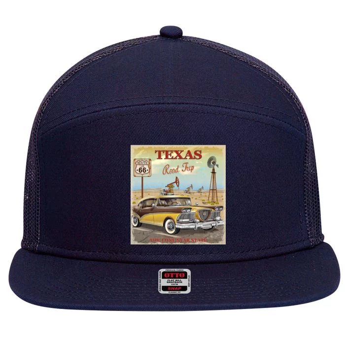 Texas Road Trip Route 66 Classic Car 7 Panel Mesh Trucker Snapback Hat