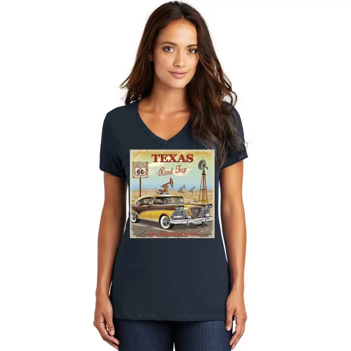 Texas Road Trip Route 66 Classic Car Women's V-Neck T-Shirt