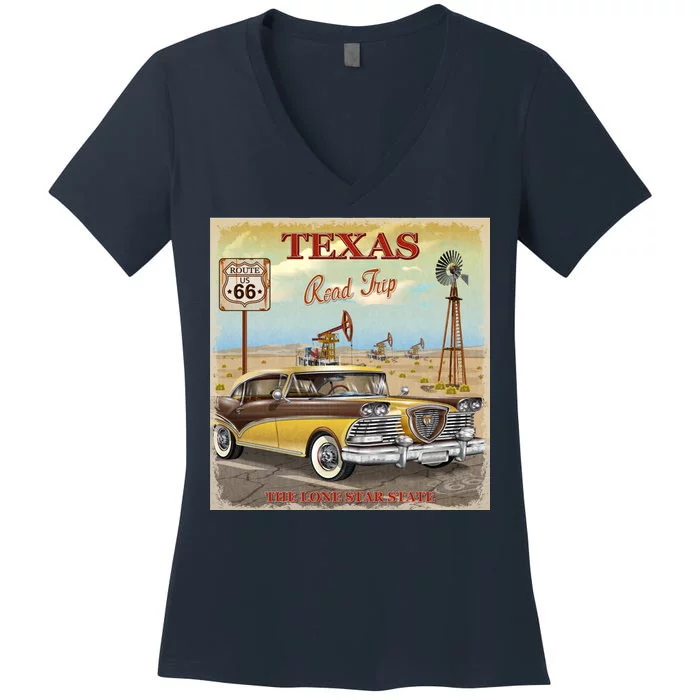 Texas Road Trip Route 66 Classic Car Women's V-Neck T-Shirt