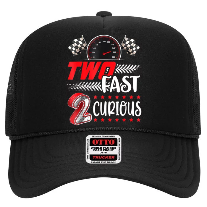 Two Fast 2 Curious Birthday Decorations 2nd Bday High Crown Mesh Trucker Hat