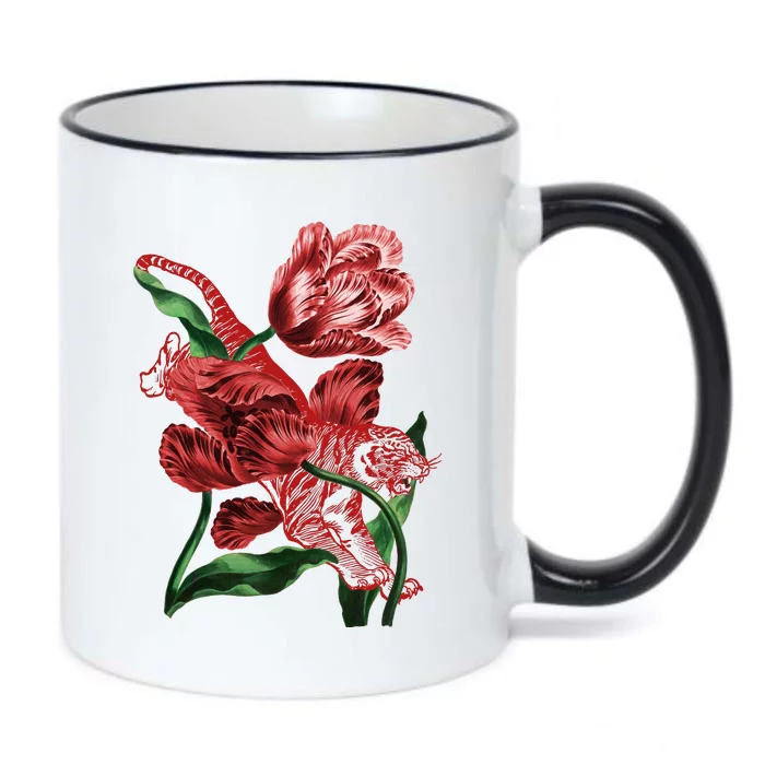 Tiger Flower Art Black Color Changing Mug